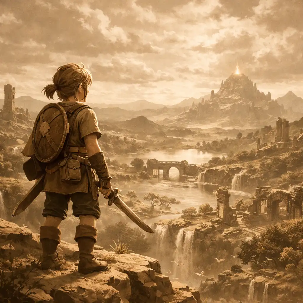 Link z The Legend of Zelda spoglądający na rozległy, jasny krajobraz fantasy
