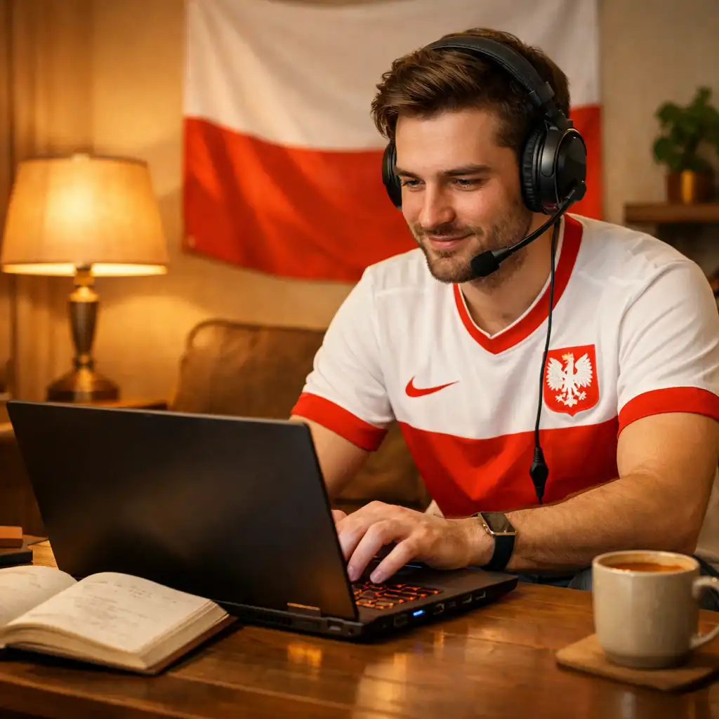 Gracz analizujący mapę i statystyki w grze na monitorze