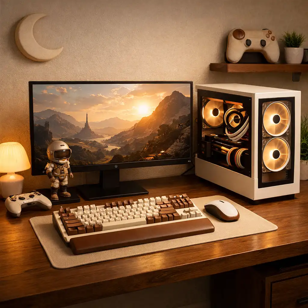 Monitor gamingowy z uruchomioną grą na PC w kremowo-brązowej stylistyce