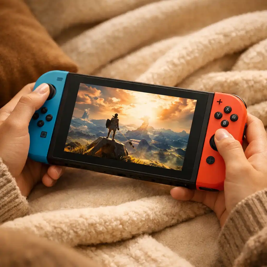 Konsola Nintendo Switch w dłoniach gracza na jasnym, minimalistycznym tle