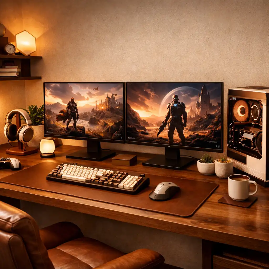 Nowoczesne stanowisko gamingowe z monitorem, klawiaturą i podświetleniem RGB